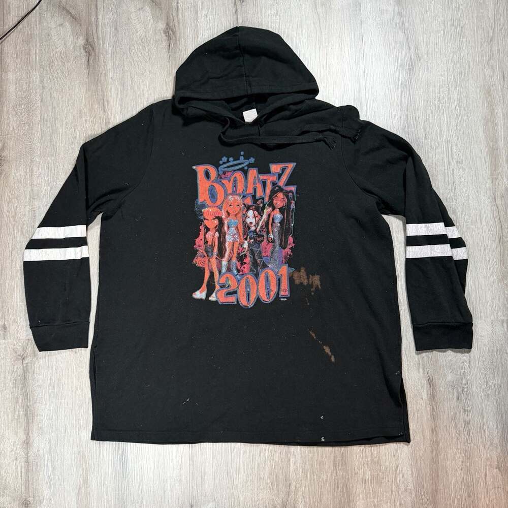 Womens Bratz 2001 Graphic Pullover Hoodie with Striped Sleeves Y2K 2XL